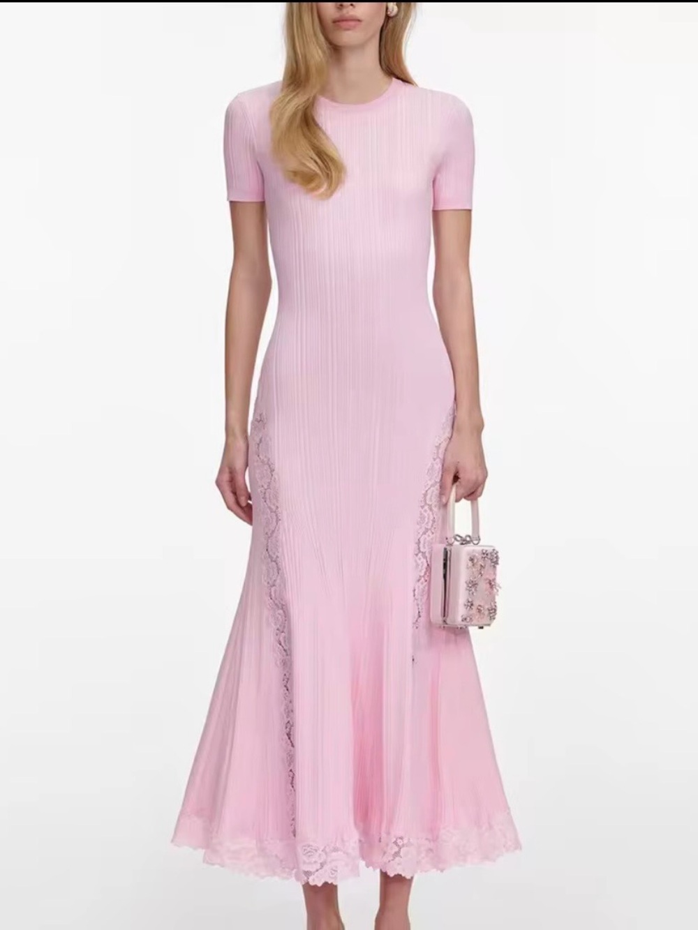Elegant Pink Lace-Trim Short Sleeve Maxi Dress